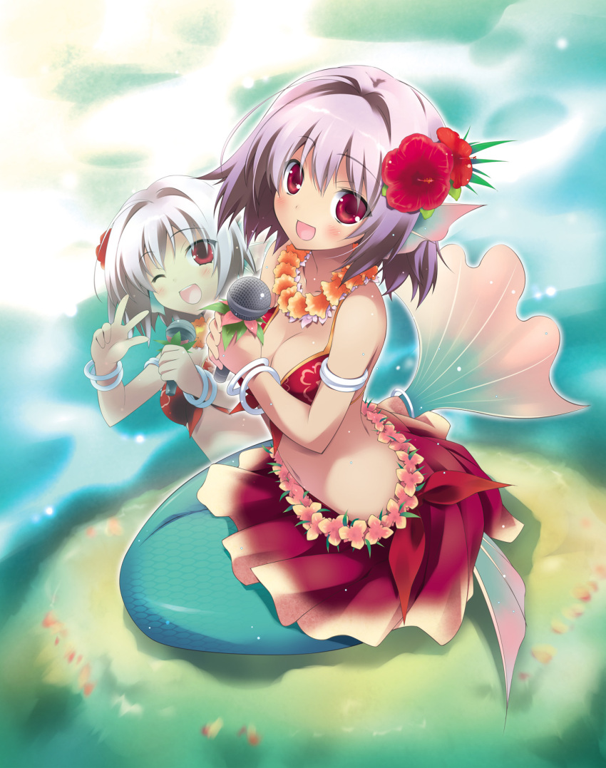 1girl bare_shoulders bracelet breasts cardfight!!_vanguard cleavage company_name dark_skin flower hair_flower hair_ornament head_fins highres jewelry leaf medium_breasts mermaid microphone mirror_diva_biscayne monster_girl necklace official_art one_eye_closed open_mouth purple_hair red_eyes revision sakana