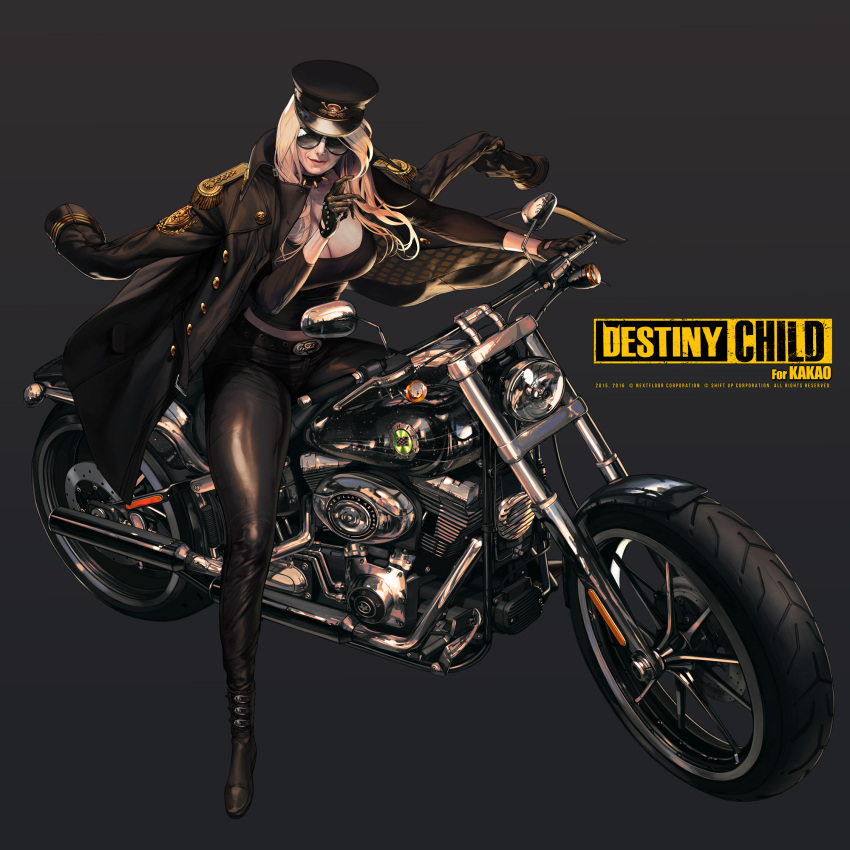 1girl belt blonde_hair boots breasts choker closed_mouth coat destiny_child full_body gloves gradient gradient_background ground_vehicle hat highres kubaba large_breasts lipstick long_hair makeup military_coat military_hat mole mole_under_mouth motor_vehicle motorcycle nightmadness official_art pants riding shirt smile solo sunglasses t-shirt thick_thighs thighs tight tight_pants