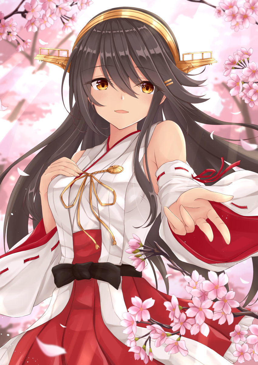 1girl absurdres bangs bare_shoulders black_hair blush brown_eyes commentary_request cowboy_shot detached_sleeves eyebrows_visible_through_hair flower gensoukitan hair_between_eyes hair_ornament hairband hairclip haruna_(kantai_collection) headgear highres japanese_clothes kantai_collection long_hair looking_at_viewer nontraditional_miko open_mouth outdoors petals reaching_out remodel_(kantai_collection) ribbon-trimmed_sleeves ribbon_trim skirt smile solo standing tree wide_sleeves