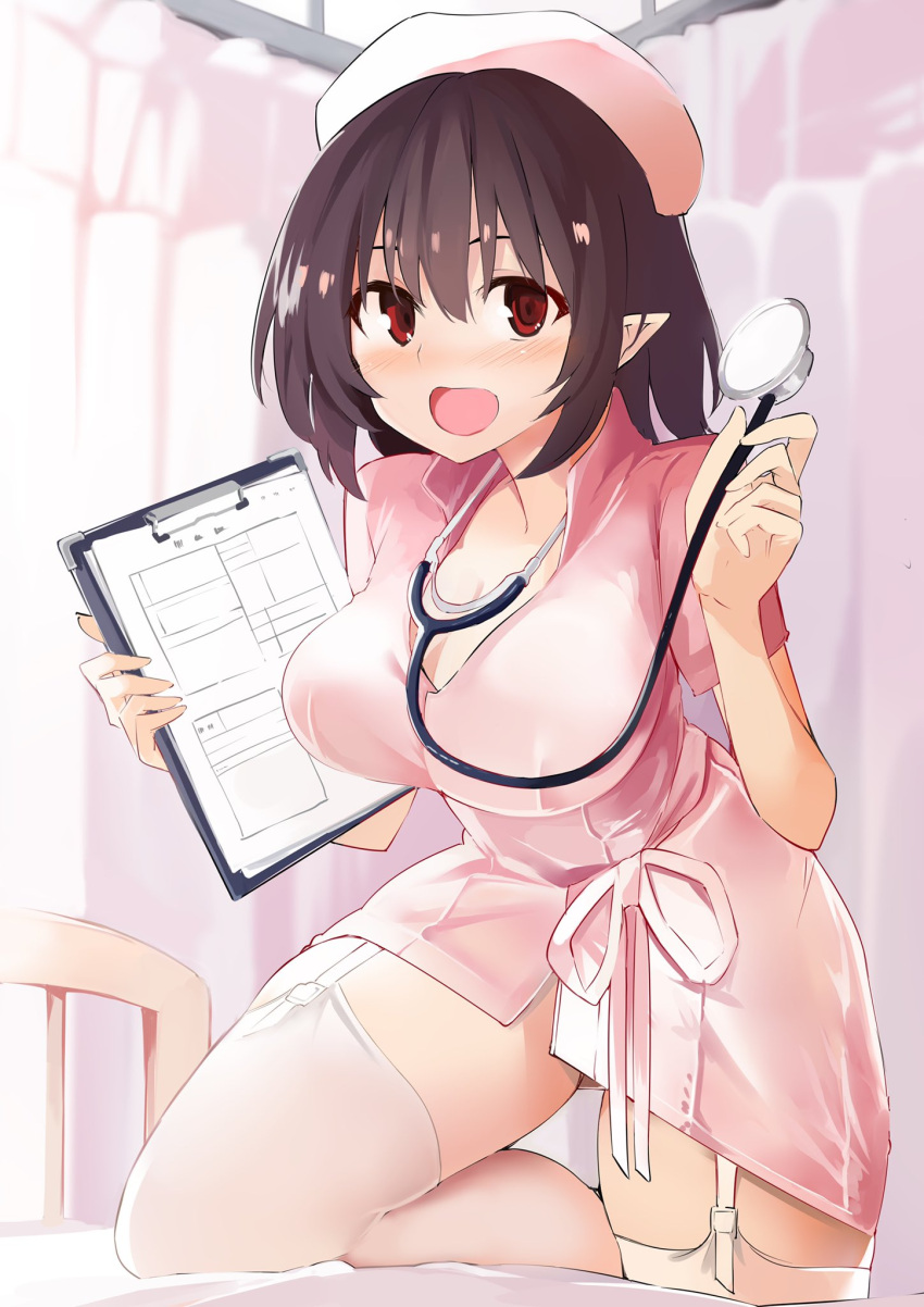 1girl alternate_costume bangs bed black_hair blush breasts clipboard commentary_request cowboy_shot curtains dress garter_straps hair_between_eyes hands_up hat highres holding holding_clipboard indoors kamukamu_(ars) large_breasts looking_at_viewer nurse nurse_cap open_mouth pink_dress pink_headwear pink_ribbon pointy_ears red_eyes ribbon shameimaru_aya short_hair smile solo stethoscope thigh-highs thighs touhou white_legwear zettai_ryouiki