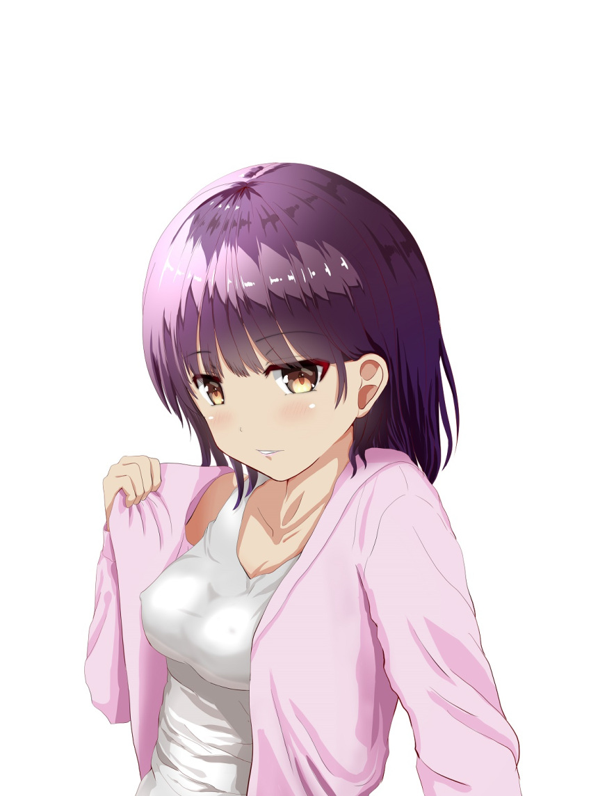 1girl bangs breasts brown_eyes cardigan cleavage collarbone erect_nipples eyebrows_visible_through_hair highres medium_breasts open_cardigan open_clothes original parted_lips pink_cardigan purple_hair shiny shiny_hair shirt short_hair simple_background solo upper_body white_background white_shirt zuki