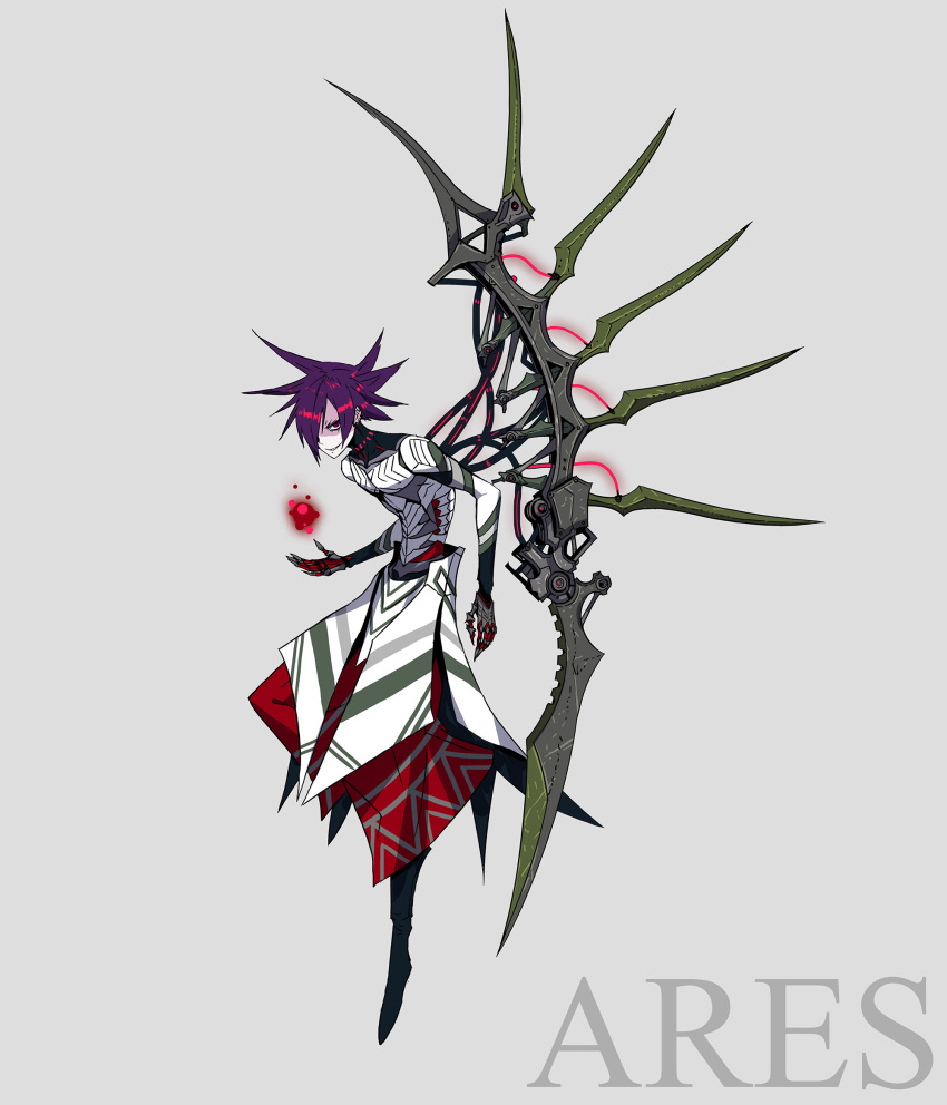 1boy ares_(mythology) blade cable character_name full_body greek_mythology grey_background grin hair_over_one_eye highres looking_at_viewer magic original palow purple_hair red_eyes smile solo spiky_hair