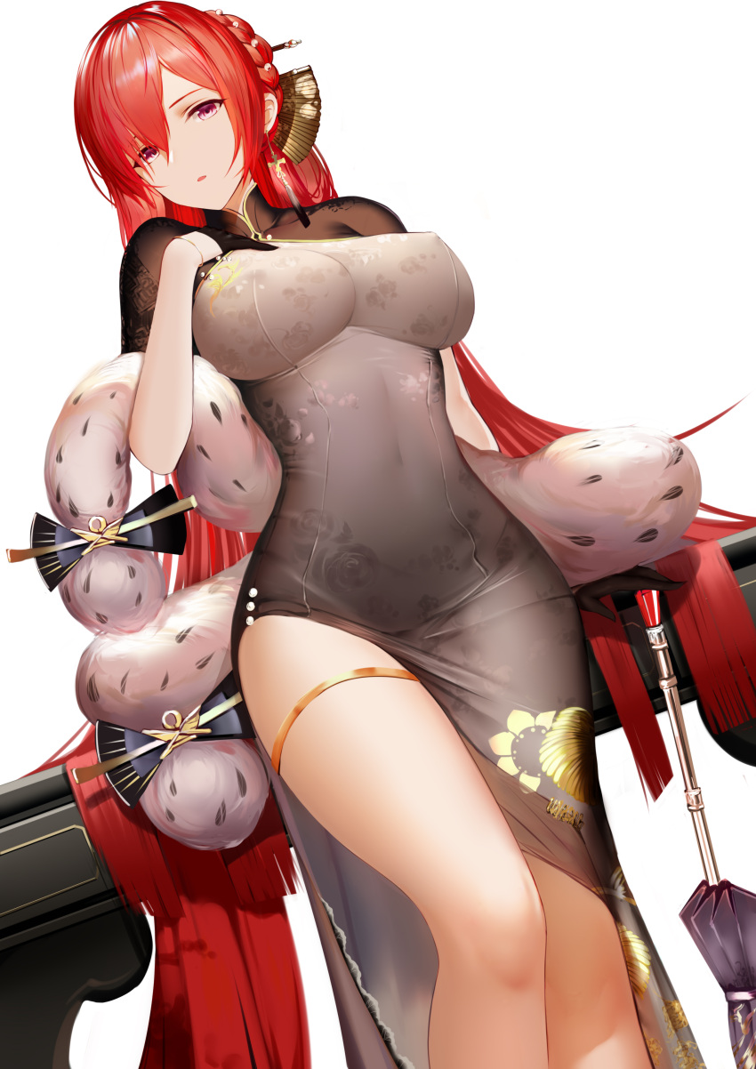 1girl absurdres alternate_costume azur_lane backless_outfit bangs black_dress black_gloves blush bracelet braid breasts cannon china_dress chinese_clothes cleavage covered_navel crown_braid dress dutch_angle earrings erect_nipples feather_boa gloves gold_footwear gold_trim hair_between_eyes hair_bun hair_ornament half_gloves hand_up higandgk highres impossible_clothes impossible_dress indoors jewelry large_breasts leaning light_particles long_hair looking_at_viewer monarch_(azur_lane) new_year open_mouth oriental_umbrella redhead revision sidelocks simple_background solo standing table taut_clothes taut_dress thigh_strap thighs umbrella very_long_hair white_background