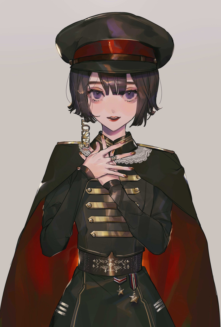 1girl absurdres bangs black_hair brown_nails cape earrings english_text grey_background hands_up hat highres jewelry long_sleeves looking_at_viewer medal open_mouth original piru_(exp_66) ring shiny short_hair simple_background smile solo star uniform violet_eyes