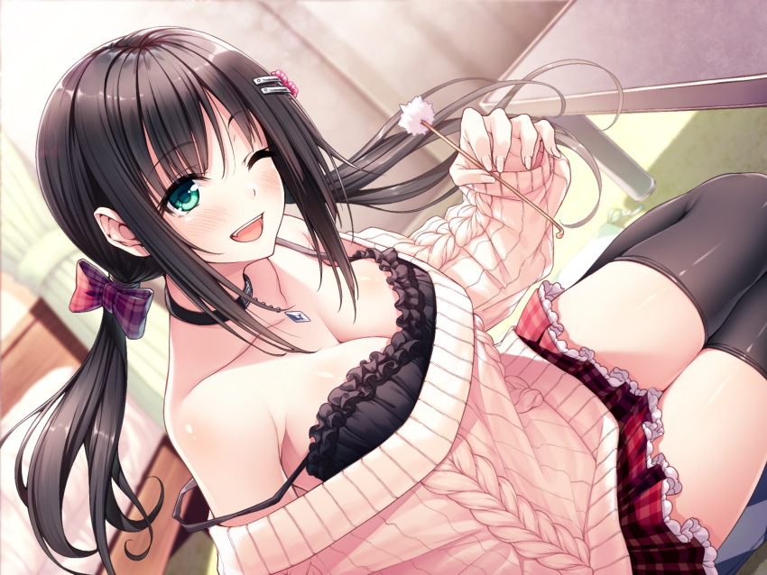 1girl aqua_eyes bare_shoulders black_choker black_hair black_legwear blush bow breasts choker cleavage dutch_angle frills hair_bow hair_ornament hairclip hasumi_(hasubatake39) highres indoors large_breasts long_hair looking_at_viewer mimikaki official_art one_eye_closed open_mouth plaid plaid_bow plaid_skirt red_skirt ribbed_sweater sidelocks sitting skirt smile solo sweater thigh-highs twintails
