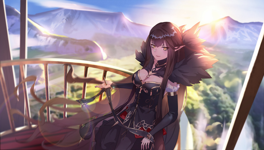 1girl absurdly_long_hair absurdres black_dress black_sleeves blue_sky breasts brown_hair cleavage day detached_sleeves dress fate/apocrypha fate_(series) frilled_sleeves frills highres holding lens_flare long_dress long_hair long_sleeves looking_at_viewer medium_breasts mifachu_(1064317697) outdoors pointy_ears semiramis_(fate) shiny shiny_hair sky sleeveless sleeveless_dress solo strapless strapless_dress sunset very_long_hair yellow_eyes