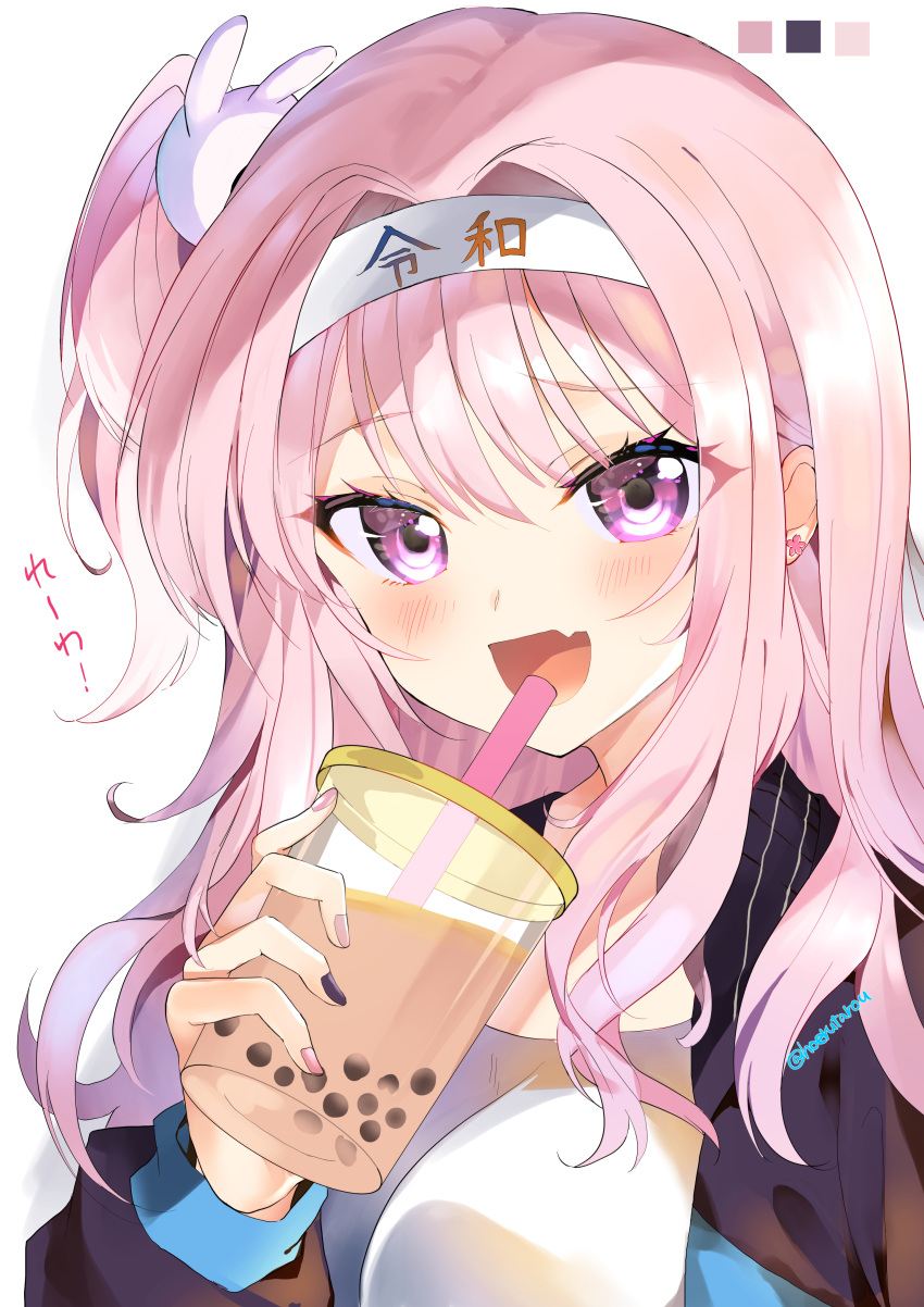 1girl :d absurdres blue_eyes commentary_request drinking_straw hairband highres hoerutarou long_hair looking_at_viewer open_mouth original pink_eyes pink_hair reiwa simple_background smile solo translated upper_body white_background