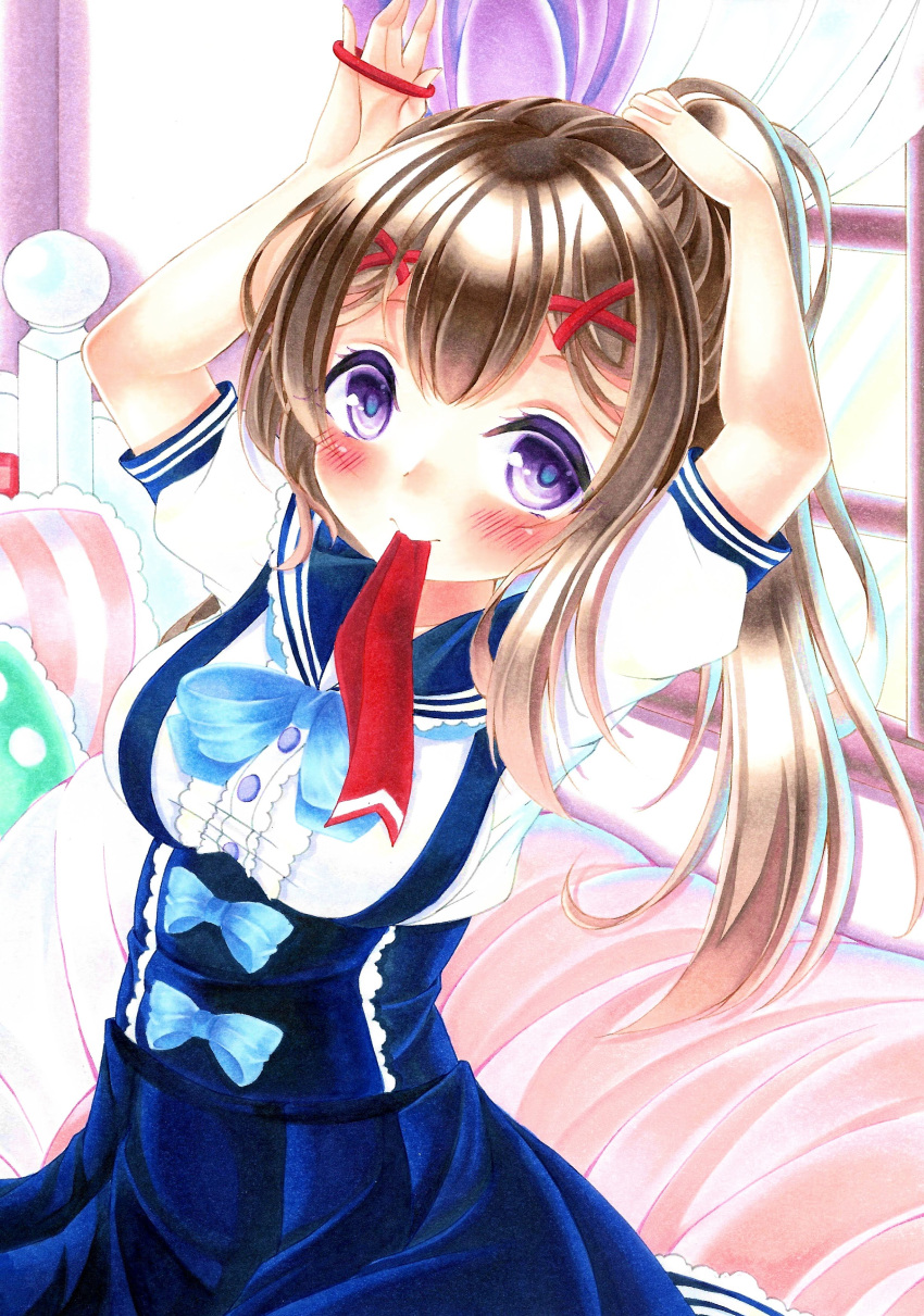 1girl absurdres arms_up bed blue_bow blue_sailor_collar blue_skirt blush bow breasts brown_hair closed_mouth commentary_request curtains day fingernails hair_ornament hair_tie high-waist_skirt highres indoors long_hair looking_at_viewer marker_(medium) medium_breasts mirai_(happy-floral) mouth_hold original pillow puffy_short_sleeves puffy_sleeves red_ribbon ribbon ribbon_in_mouth sailor_collar school_uniform serafuku shirt short_sleeves skirt solo sunlight traditional_media tying_hair very_long_hair violet_eyes white_shirt window x_hair_ornament