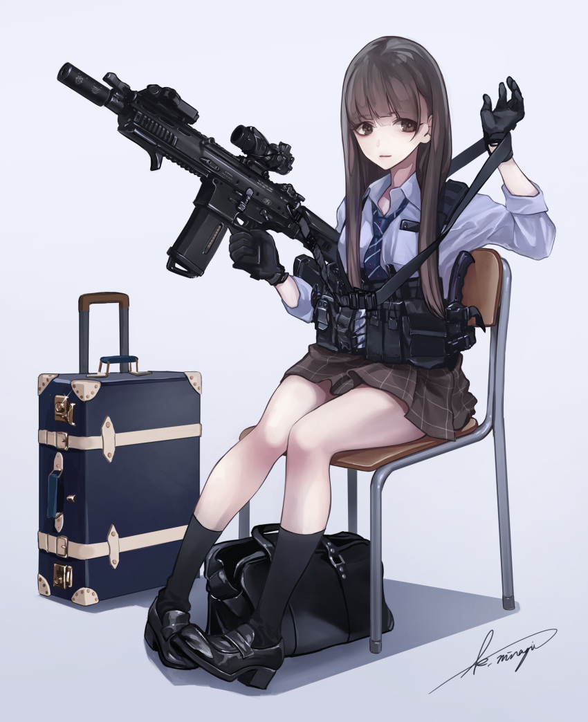 1girl assault_rifle black_legwear brown_eyes brown_hair chair commentary english_commentary fn_scar full_body gloves gun highres holding holding_gun holding_weapon kneehighs koh_(minagi_kou) load_bearing_equipment loafers long_hair luggage necktie original rifle school_chair school_uniform shoes signature simple_background sitting solo weapon