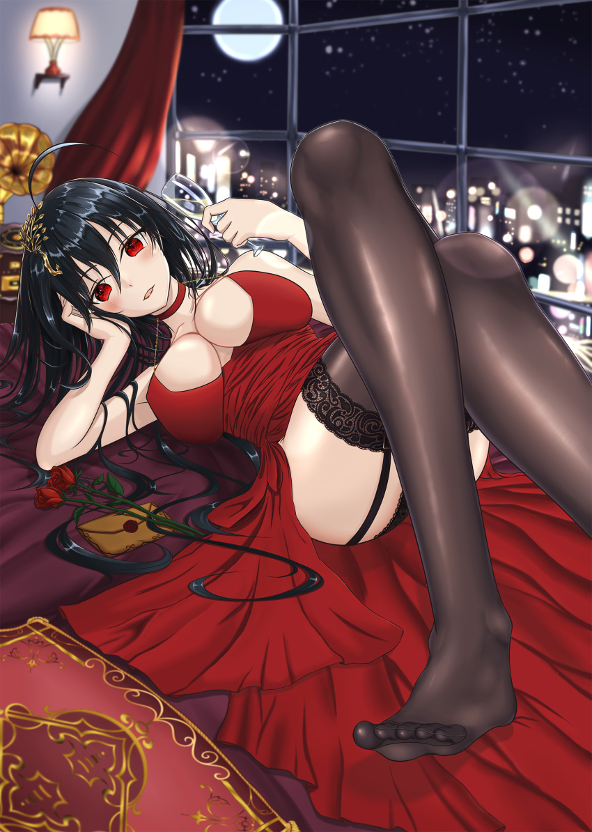 1girl ahoge azur_lane bare_shoulders black_hair black_legwear breasts champagne_flute choker cleavage cocktail_dress commentary_request cup dress drinking_glass envelope flower full_moon hair_between_eyes hair_ornament highres ling_jiang long_hair looking_at_viewer moon night phonograph red_choker red_dress red_eyes red_flower red_rose rose solo taihou_(azur_lane) taihou_(forbidden_feast)_(azur_lane) thigh-highs traditional_media very_long_hair watercolor_pencil_(medium) window