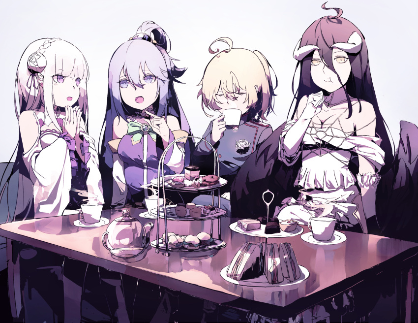 4girls :d absurdres ahoge albedo aqua_(konosuba) bangs bare_shoulders black_feathers black_wings blonde_hair blue_eyes blue_hair blue_shirt blunt_bangs bow braid brooch cake chair closed_eyes collarbone commentary_request crossover cup demon_girl demon_horns demon_wings detached_sleeves dress drinking eating elbow_gloves emilia_(re:zero) feathered_wings flower food french_braid frilled_dress frilled_gloves frills gloves green_bow green_ribbon hair_flower hair_ornament hair_rings hands_together highres holding holding_cup horns isekai_quartet jewelry kono_subarashii_sekai_ni_shukufuku_wo! lamy lavender_hair long_hair looking_at_another low_wings medal military military_uniform multiple_girls open_mouth overlord_(maruyama) pointing pointy_ears re:zero_kara_hajimeru_isekai_seikatsu ribbon rose sandwich shirt sitting smile talking tanya_degurechaff teacup teapot tiered_tray uniform violet_eyes white_dress white_flower white_gloves white_rose white_sleeves wings yellow_eyes youjo_senki