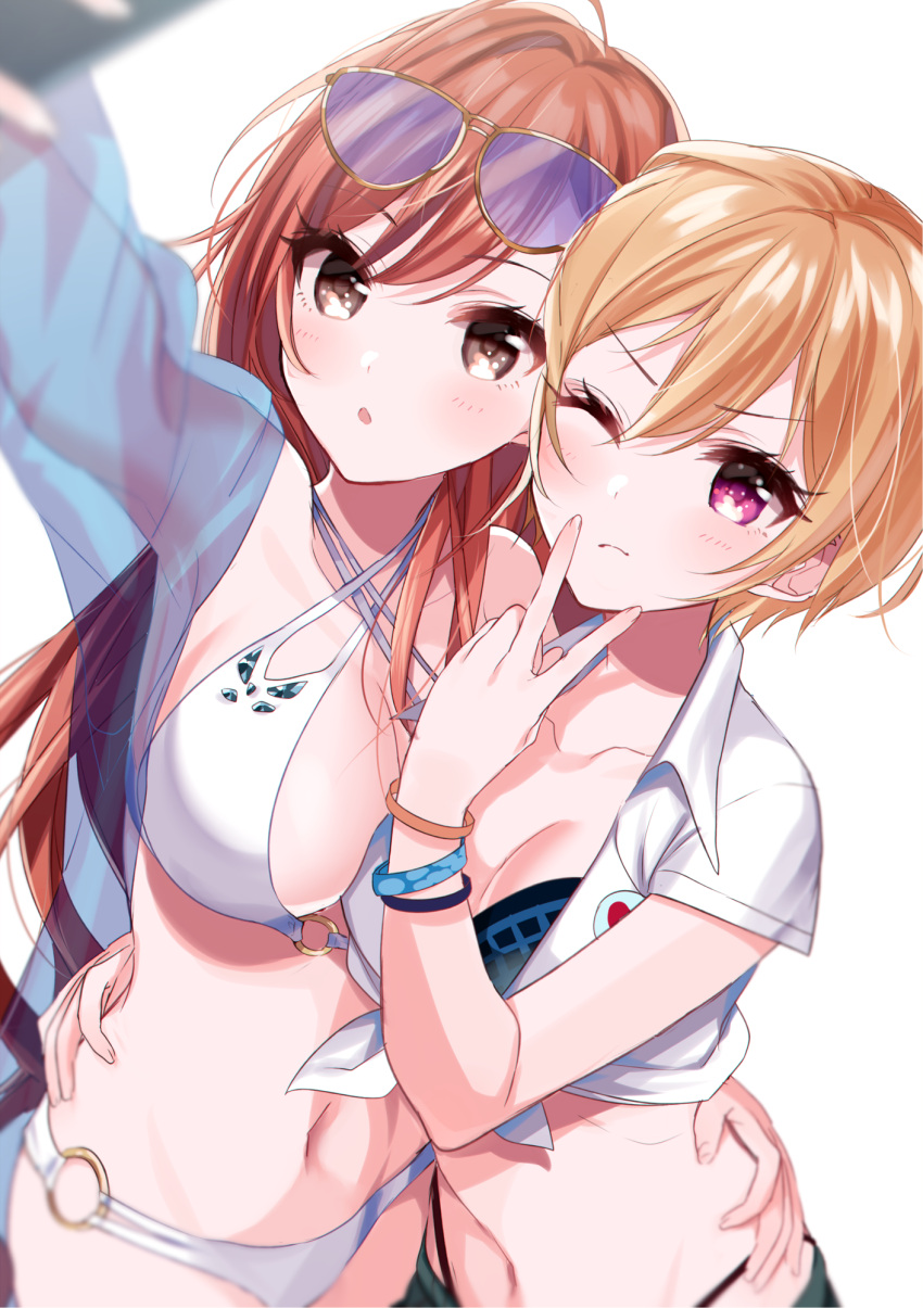 2girls :o arisugawa_natsuha arm_around_waist arm_up bare_shoulders bikini blonde_hair blue_jacket blurry blurry_foreground blush breasts brown_eyes brown_hair cleavage closed_mouth collarbone collared_shirt criss-cross_halter depth_of_field eyebrows_visible_through_hair eyewear_on_head fingernails halterneck hand_on_another's_hip highres idolmaster idolmaster_shiny_colors jacket long_hair medium_breasts misumi_(macaroni) multiple_girls navel o-ring o-ring_bikini o-ring_bottom o-ring_top one_eye_closed open_clothes open_jacket outstretched_arm parted_lips reaching_out saijou_juri see-through self_shot shirt short_hair short_sleeves simple_background sunglasses swimsuit tied_shirt v very_long_hair violet_eyes white_background white_bikini white_shirt