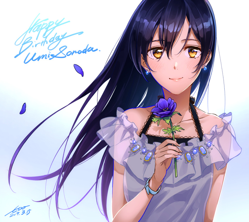 1girl anemone_(flower) bangs bare_shoulders birthday blue_flower blue_hair blush character_name closed_mouth collarbone commentary_request dated earrings floating_hair flower hair_between_eyes happy_birthday holding holding_flower jewelry long_hair looking_at_viewer love_live! love_live!_school_idol_festival love_live!_school_idol_project petals see-through signature simple_background smile solo sonoda_umi standing upper_body watch watch wedo yellow_eyes