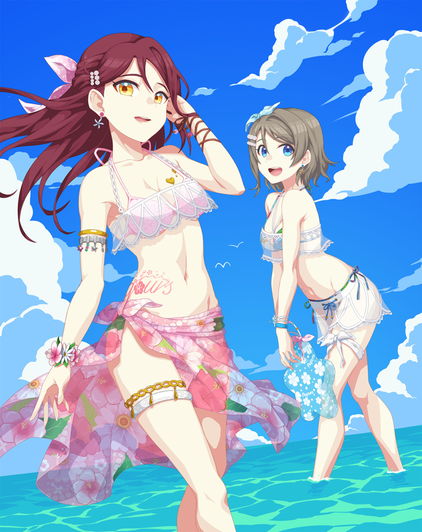 2girls armlet bikini bikini_skirt blue_eyes blue_ribbon bracelet breasts chu_kai_man cleavage clouds commentary_request day earrings floral_print grey_hair groin group_name hair_ornament hair_ribbon hair_tucking hairpin halterneck highres holding inflatable_toy jewelry long_hair looking_at_viewer love_live! love_live!_sunshine!! medium_breasts multiple_girls navel ocean open_mouth outdoors pink_bikini pink_ribbon pink_sarong print_bikini print_sarong redhead ribbon sakurauchi_riko sarong short_hair smile stomach stomach_tattoo swimsuit tattoo thigh_strap wading watanabe_you wrist_flower wrist_ribbon yellow_eyes