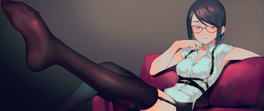 1girl black_hair blush breasts buckle chin_rest couch feet garter_straps glasses grey_background highres medium_breasts original pantyhose red_eyes sleevless smile solo toe-point