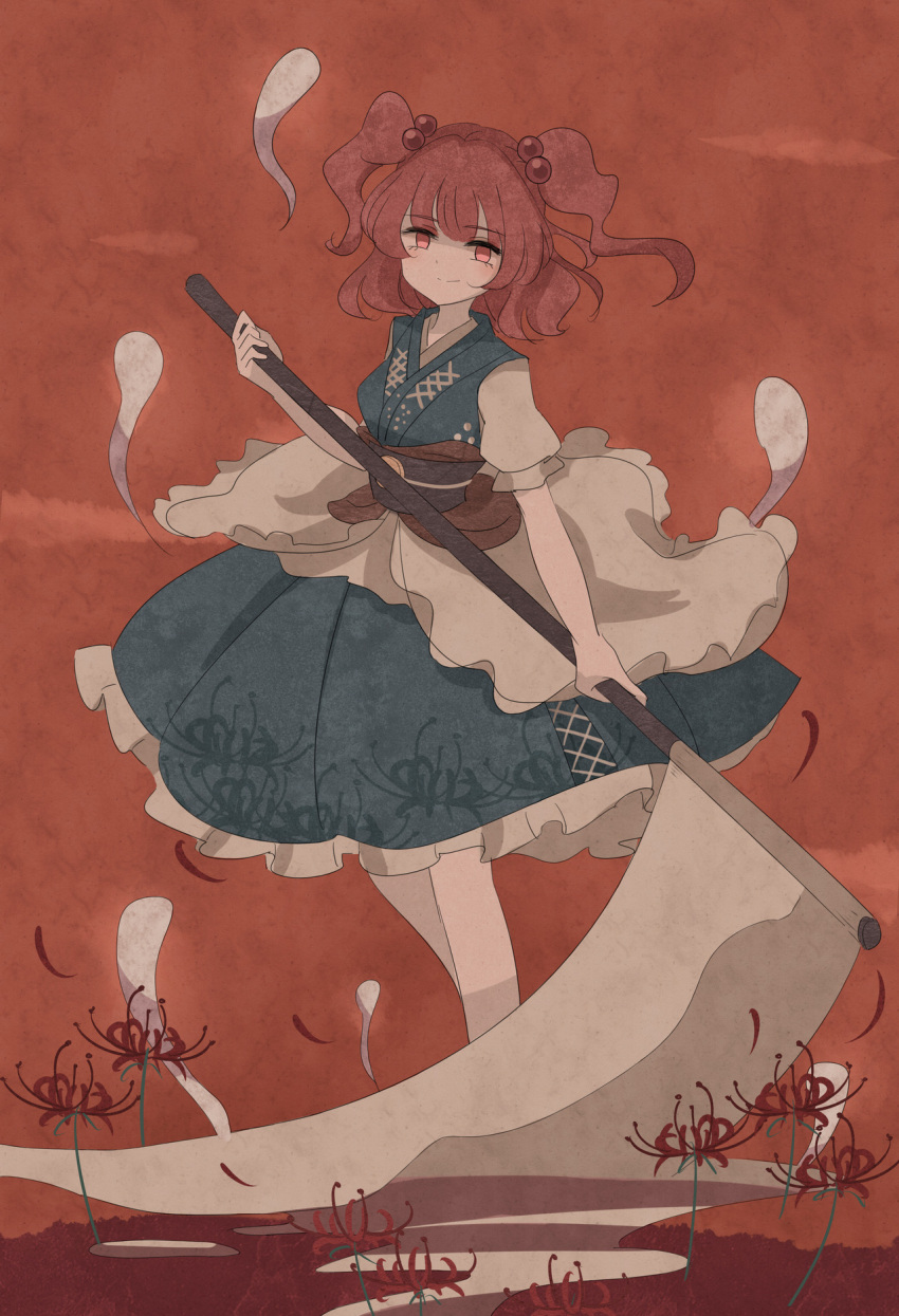 1girl aaaabo bangs breasts dress flower frilled_dress frills hair_bobbles hair_ornament highres holding holding_scythe looking_at_viewer medium_breasts onozuka_komachi red_background red_eyes red_flower redhead sash scythe short_sleeves smile solo touhou two_side_up