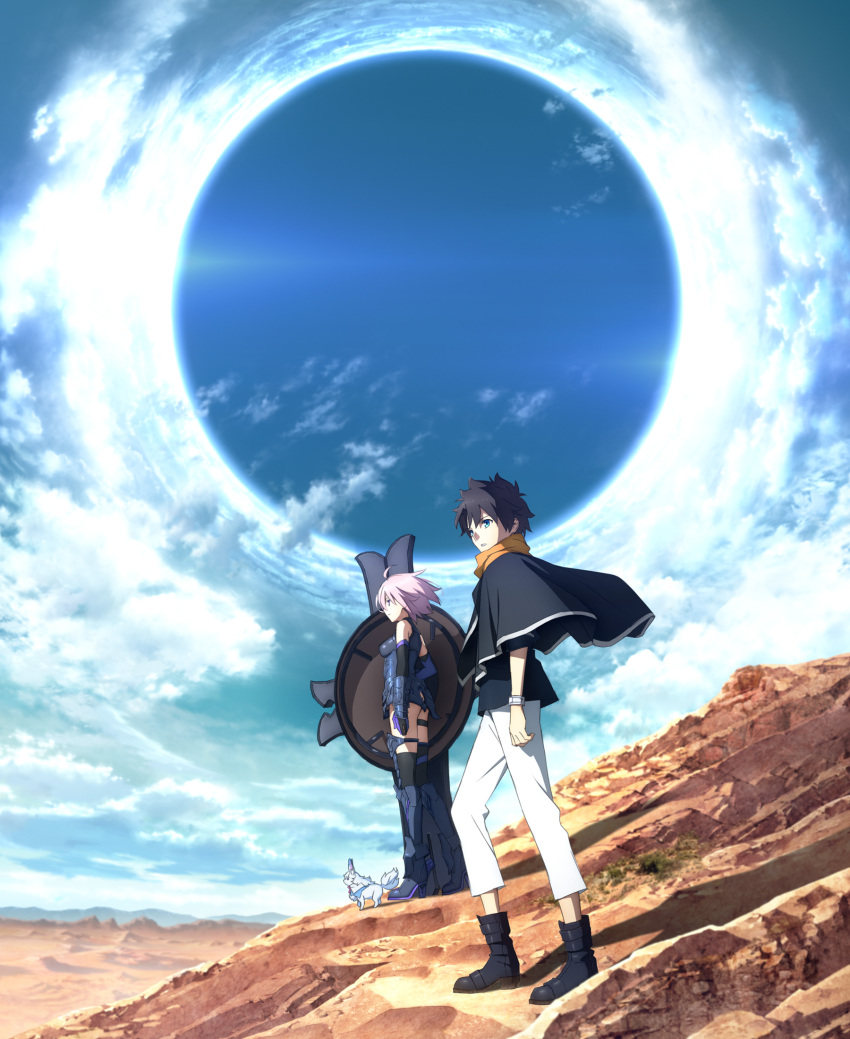 1boy 1girl ahoge armored_boots armored_leotard black_capelet black_footwear black_hair black_legwear black_leotard black_shirt blue_eyes blue_sky boots capelet clouds day desert elbow_gloves fate/grand_order fate_(series) floating_hair fou_(fate/grand_order) fujimaru_ritsuka_(male) gloves highres leotard mash_kyrielight outdoors pants pink_hair shield shirt short_hair sky thigh-highs thigh_strap white_pants