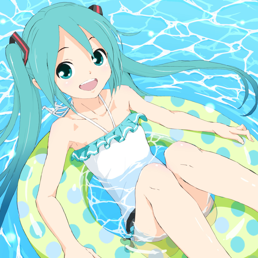 afloat aqua_eyes aqua_hair bare_shoulders collarbone commentary frilled_shirt frills hair_ornament halterneck hatsune_miku innertube knees_up light_blush long_hair polka_dot shirt sitting skirt smile soukun_s swimwear twintails vocaloid vocaloid_(lat-type_ver) water