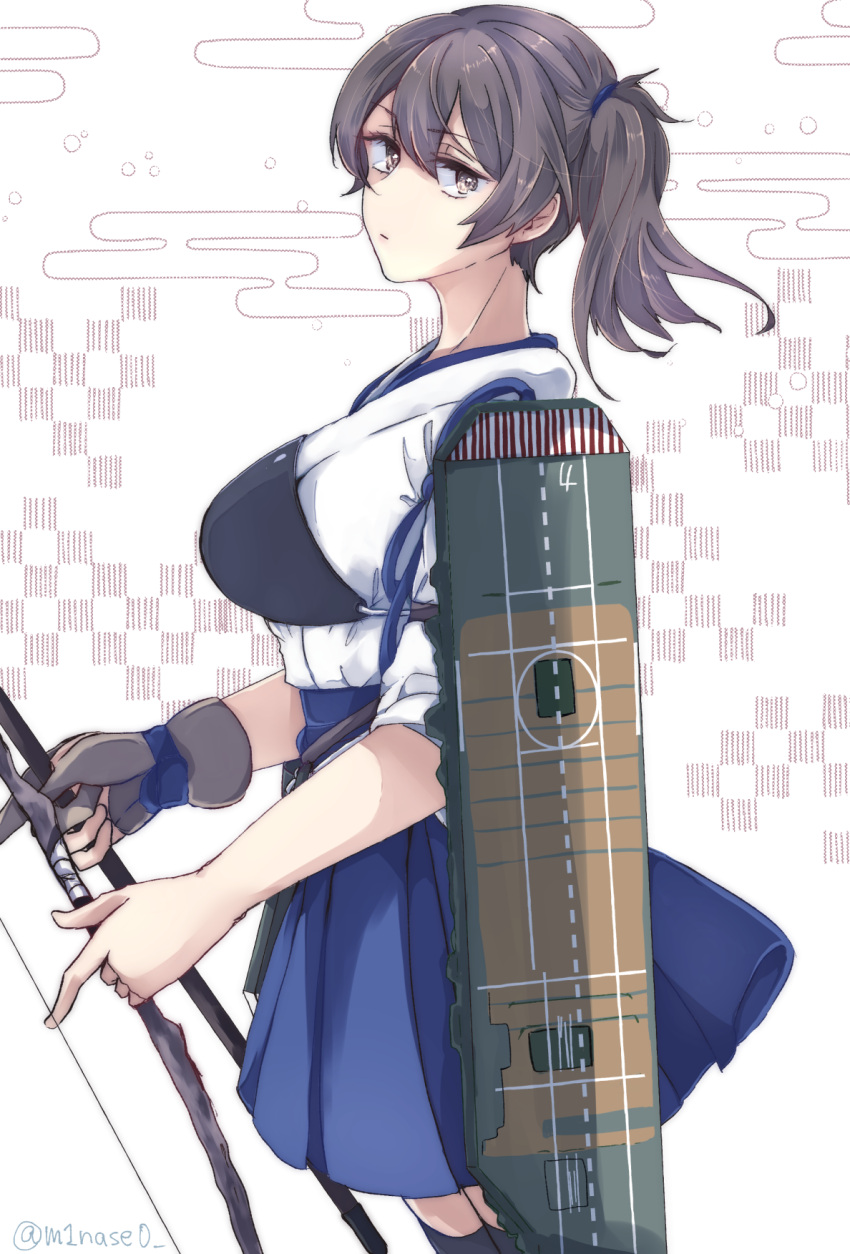 1girl apron breasts brown_eyes brown_hair commentary_request cowboy_shot eyebrows_visible_through_hair hair_between_eyes hakama_skirt highres japanese_clothes kaga_(kantai_collection) kantai_collection large_breasts long_hair muneate nun_(eri) side_ponytail simple_background solo tasuki thigh-highs twitter_username white_background yumi_(bow)