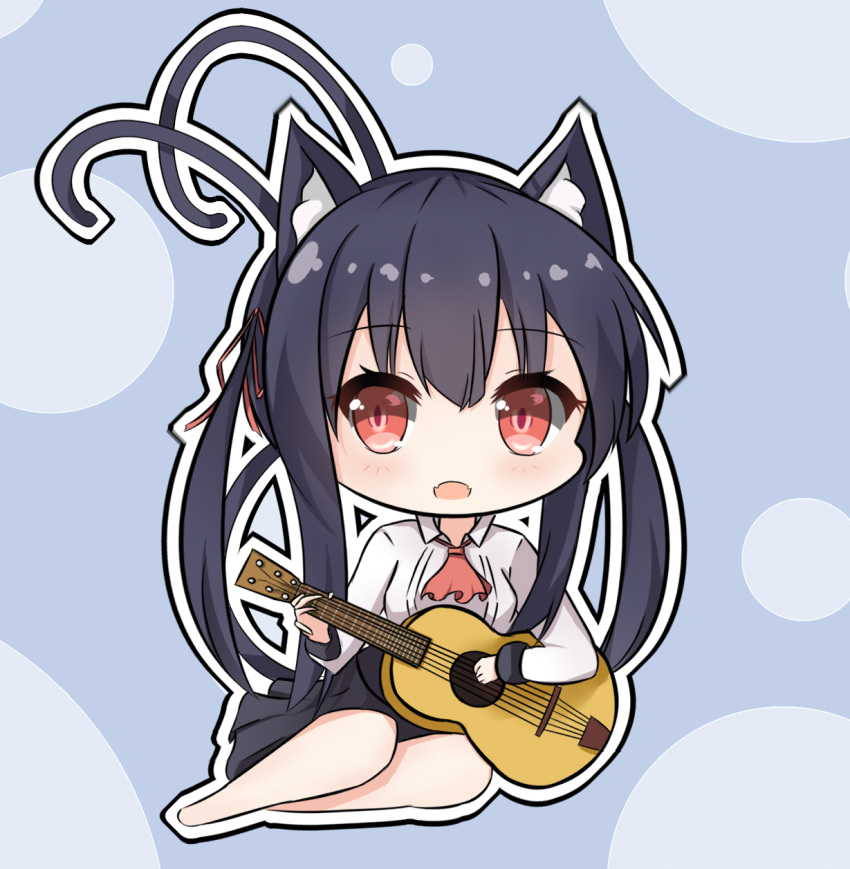 1girl :d animal_ear_fluff animal_ears ascot bangs barefoot black_hair black_skirt blue_background blush breasts cat_ears cat_girl cat_tail chibi chisuzu_mei collared_shirt commentary_request eyebrows_visible_through_hair fangs full_body guitar hair_between_eyes hair_ribbon highres holding holding_instrument instrument long_hair long_sleeves looking_at_viewer medium_breasts multiple_tails nagato-chan open_mouth outline paryi_project pleated_skirt red_eyes red_neckwear red_ribbon revision ribbon shirt sidelocks skirt smile solo tail tail_raised twintails two_tails very_long_hair virtual_youtuber white_outline white_shirt