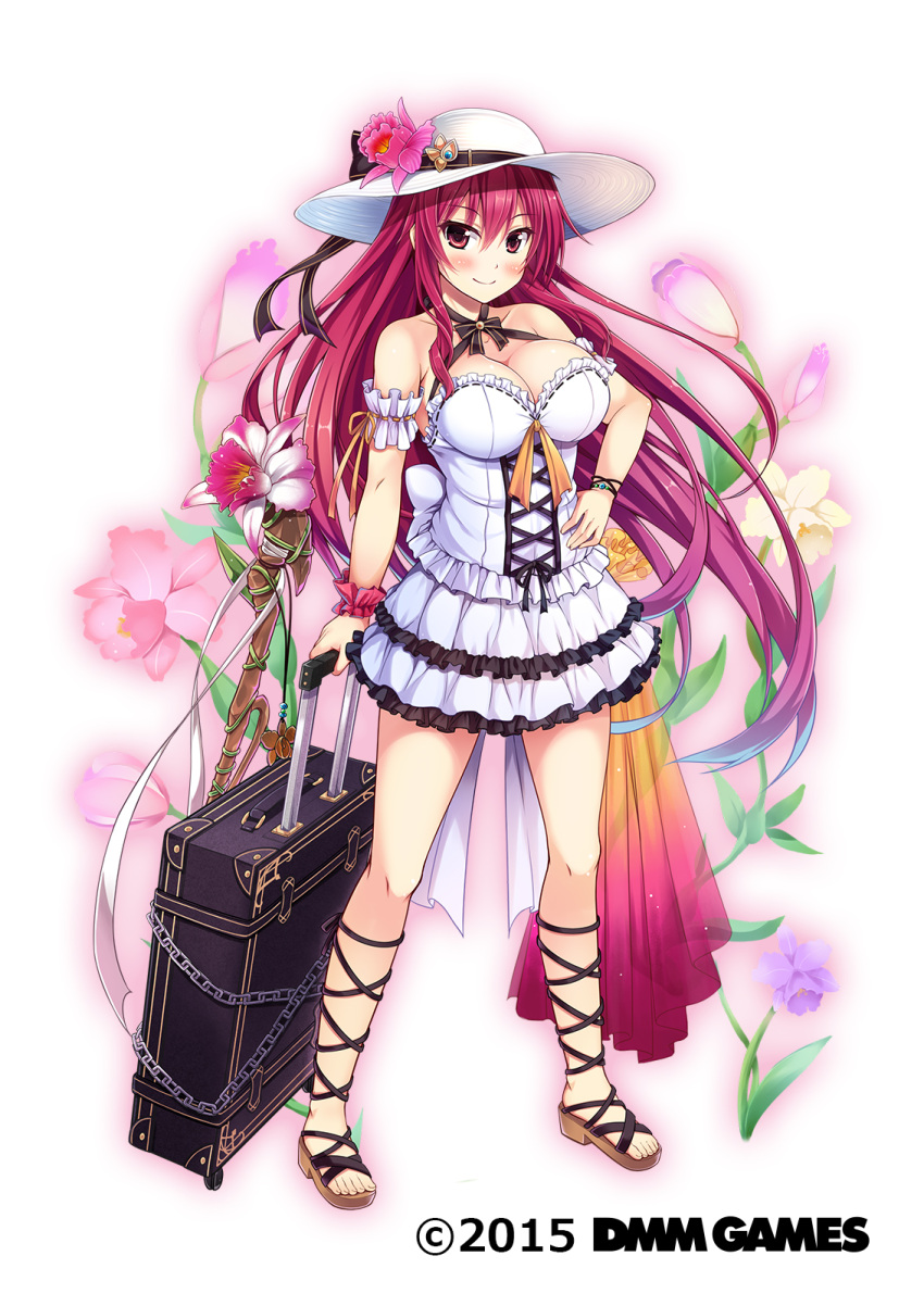 1girl ankle_lace-up arm_garter arm_scrunchie bangs bare_shoulders blush bodice breasts cattleya_(flower_knight_girl) cleavage copyright_name cross-laced_clothes cross-laced_footwear flower flower_knight_girl frilled_skirt frills full_body hair_between_eyes halterneck hand_on_hip hat hat_flower highres large_breasts layered_skirt long_hair looking_at_viewer no_socks object_namesake official_art orchid red_eyes red_scrunchie redhead rolling_suitcase sandals scrunchie sidelocks skirt sleeveless smile solo standing strappy_heels suitcase sun_hat toes utsurogi_akira watermark white_background white_headwear white_scrunchie white_skirt wrist_scrunchie