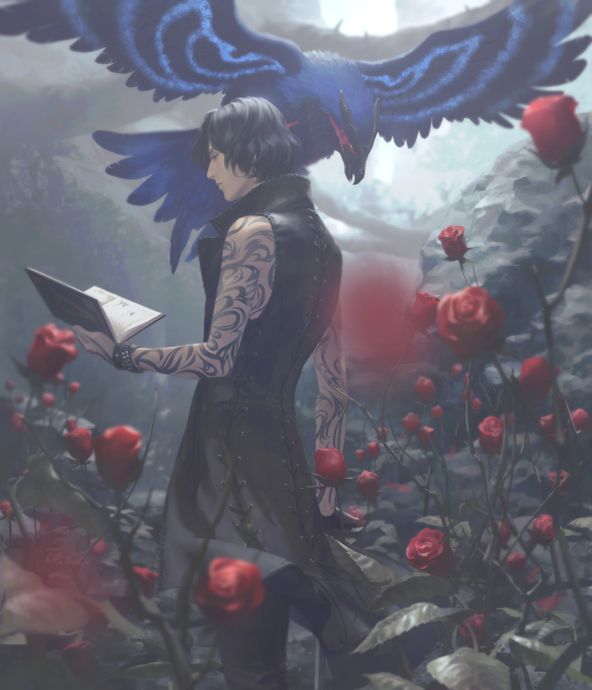 1boy absurdres arm_tattoo beak bird black_eyes black_hair black_legwear book bracelet cane closed_mouth devil_may_cry devil_may_cry_5 flower flying glowing griffon_(devil_may_cry_5) highres holding holding_book holding_cane jewelry leaf male_focus open_book petals qingxingzhen reading red_flower rose standing tattoo v_(devil_may_cry) wings yellow_eyes
