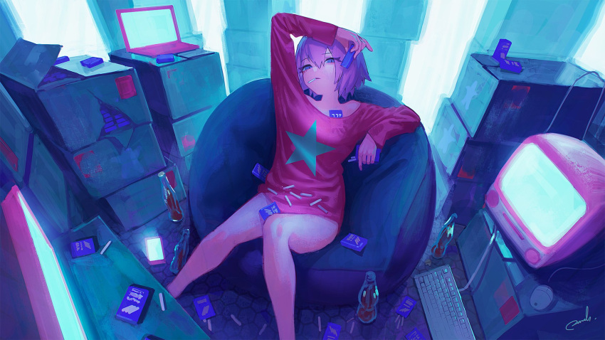 1girl arm_up blue_eyes bottle box cellphone chalk computer eyes_visible_through_hair feet_out_of_frame glowing highres keyboard_(computer) laptop long_sleeves looking_at_viewer mouse_(computer) mouth_hold original phone print_shirt purple_hair red_shirt reoen screen shirt short_hair signature sitting solo star television