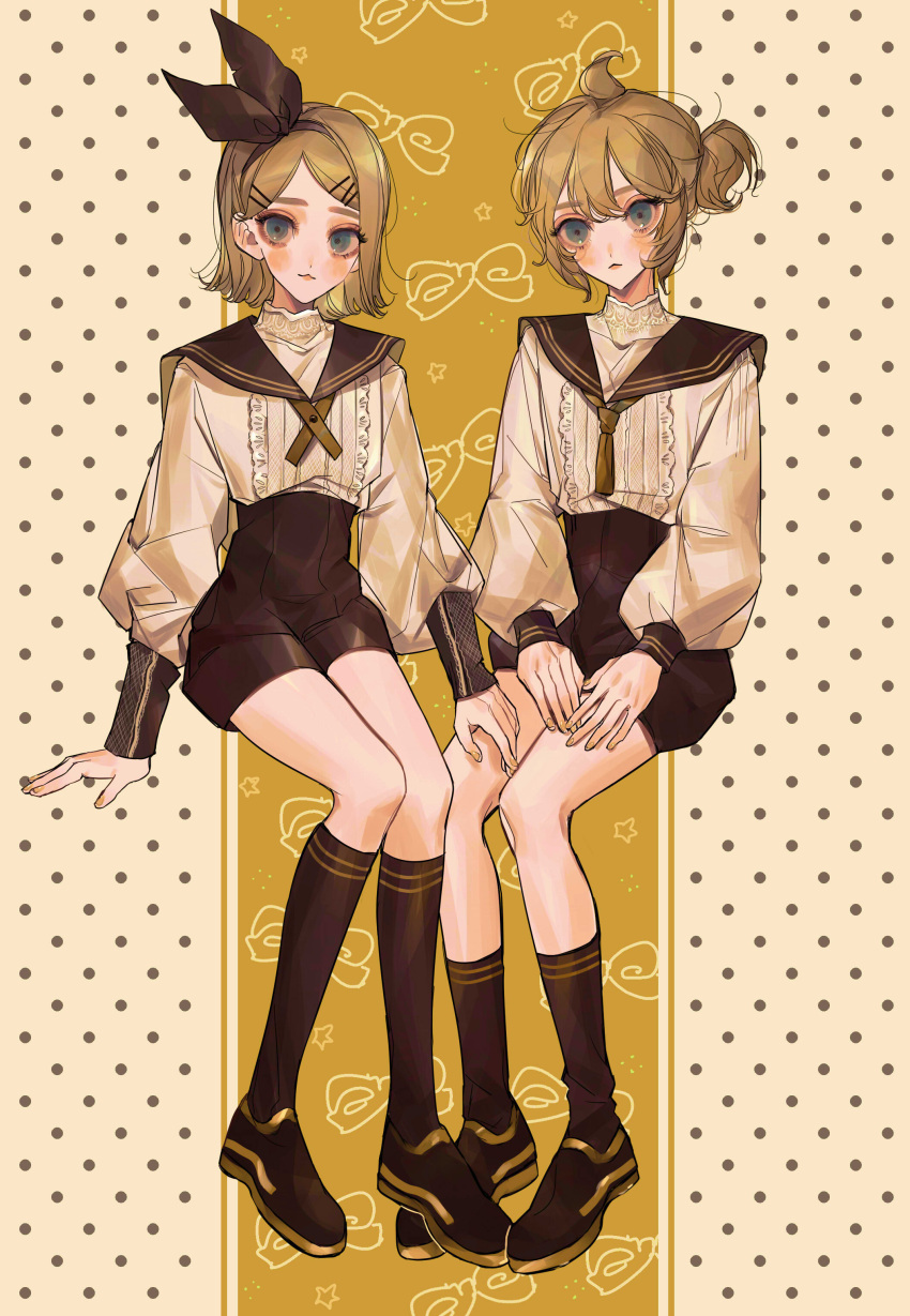 1boy 1girl absurdres aqua_eyes bangs black_footwear black_hairband black_legwear black_sailor_collar blonde_hair blush brother_and_sister full_body hair_ornament hair_ribbon hairband hairclip highres invisible_chair kagamine_len kagamine_rin kneehighs long_sleeves looking_at_viewer nail_polish piru_(exp_66) puffy_long_sleeves puffy_sleeves ribbon sailor_collar shirt shoes short_hair siblings sitting socks twins vocaloid white_shirt yellow_nails