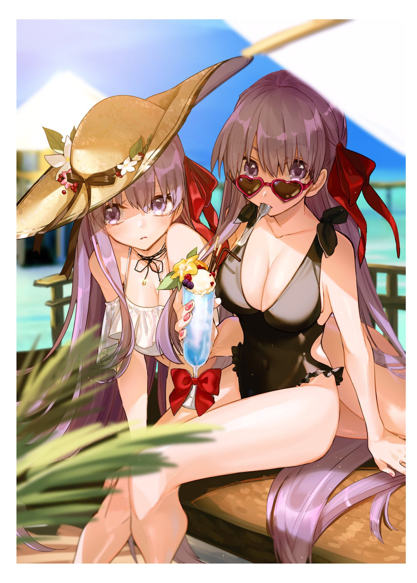 2girls arm_support backless_swimsuit bb_(fate)_(all) bb_(fate/extra_ccc) bikini black_ribbon black_swimsuit blurry blurry_background breasts casual_one-piece_swimsuit cleavage collarbone covered_navel detached_sleeves fate/extra fate/extra_ccc fate/grand_order fate_(series) flower frilled_swimsuit frills hair_between_eyes hair_ribbon hat hat_flower hat_ribbon highres hino_hinako large_breasts long_hair matou_sakura multiple_girls neck_ribbon one-piece_swimsuit purple_hair red_ribbon ribbon shiny shiny_hair sideboob sitting spoon_in_mouth sun_hat swimsuit type-moon very_long_hair violet_eyes white_bikini white_flower white_sleeves yellow_headwear