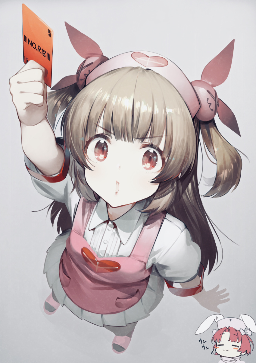 &gt;_&lt; 2girls :3 =_= absurdres animal_ears apron arm_up armband bangs black_legwear blush blush_stickers brown_hair bunny_hair_ornament closed_eyes closed_mouth collared_shirt commentary_request eyebrows_visible_through_hair foreshortening from_above full_body grey_background hair_ornament hat heart highres holding izuru_(timbermetal) long_hair looking_at_viewer multiple_girls nakahara_komugi natori_sana nurse_cap nurse_witch_komugi-chan pantyhose parted_lips pink_apron pink_footwear pink_hair pink_headwear pleated_skirt puffy_short_sleeves puffy_sleeves rabbit_ears red_eyes sana_channel sandals shirt short_sleeves simple_background skirt solo_focus standing two_side_up v-shaped_eyebrows very_long_hair virtual_youtuber white_shirt white_skirt