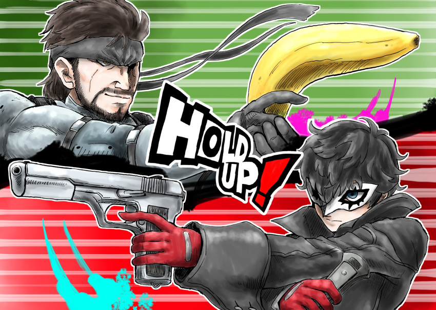 2boys adult amamiya_ren atlus banana bandanna black_hair bodysuit brown_hair facial_hair food fruit gloves gun handgun headband highres kicdon konami male_focus mask megami_tensei metal_gear_(series) metal_gear_solid metal_gear_solid_2 multiple_boys nintendo persona persona_5 red_gloves short_hair simple_background sneaking_suit solid_snake sora_(company) super_smash_bros. super_smash_bros._ultimate super_smash_bros_brawl teenage weapon