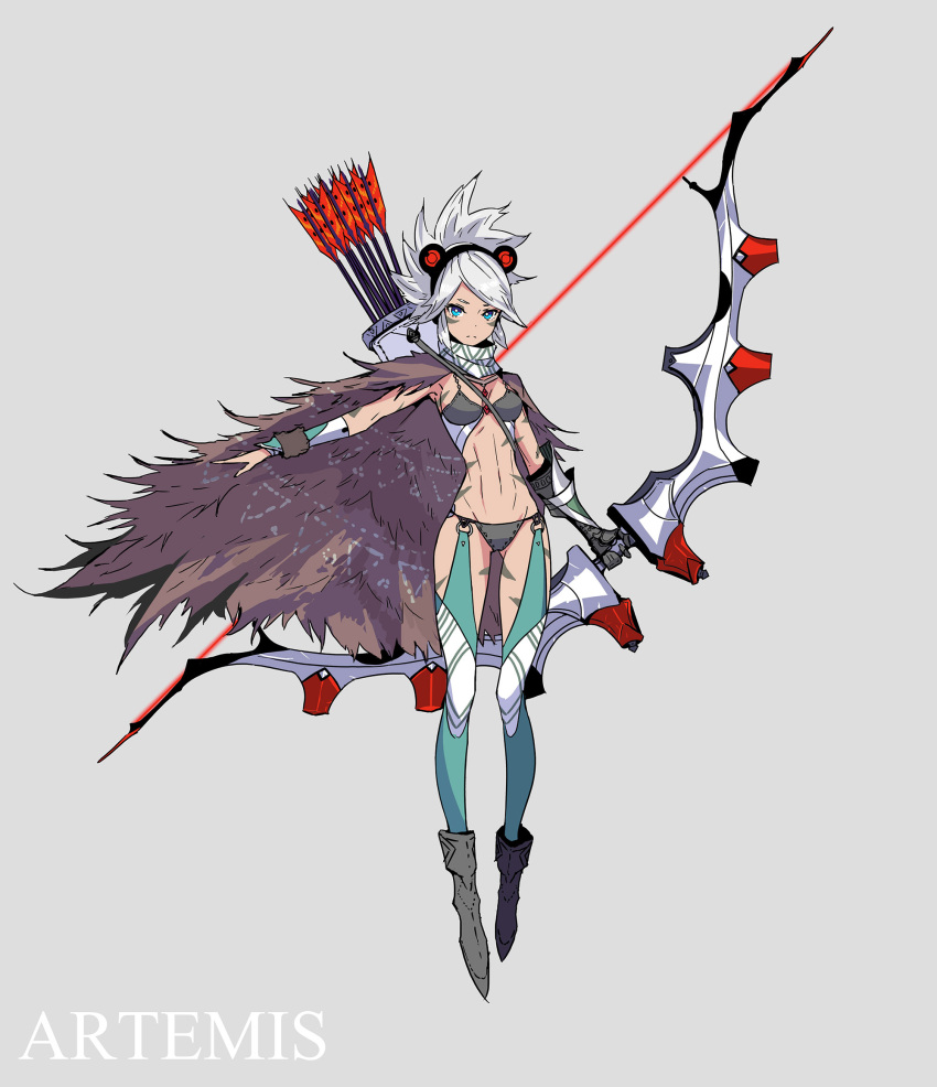 1girl animal_ears arrow artemis_(mythology) blue_eyes bow_(weapon) cape character_name fake_animal_ears full_body full_body_tattoo fur_cape gloves greek_mythology grey_background highres looking_at_viewer original palow quiver revealing_clothes scarf single_glove solo tattoo weapon white_hair