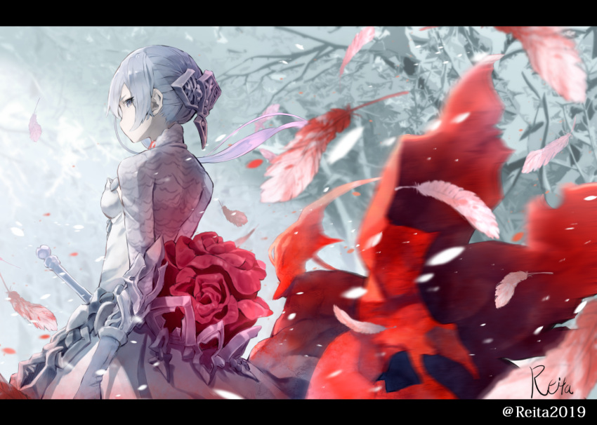 1girl bangs blue_eyes blue_hair blurry blurry_background breasts commentary_request depth_of_field dress elbow_gloves feathers flower gloves grey_dress grey_gloves hair_between_eyes hair_ornament highres hoshizaki_reita letterboxed long_sleeves looking_at_viewer looking_back medium_breasts profile red_feathers red_flower red_rose rose signature sinoalice snow_white_(sinoalice) solo tree twitter_username