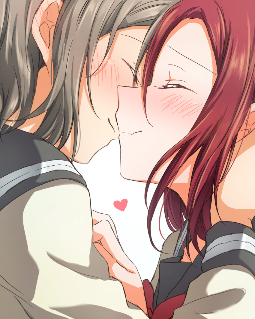 2girls ^_^ absurdres blush bow bowtie closed_eyes closed_eyes ear_blush from_side grey_hair hand_on_another's_chest heart highres kiss long_hair love_live! love_live!_sunshine!! multiple_girls red_neckwear redhead sakurauchi_riko school_uniform serafuku short_hair smile upper_body uranohoshi_school_uniform watanabe_you yuchi_(salmon-1000) yuri