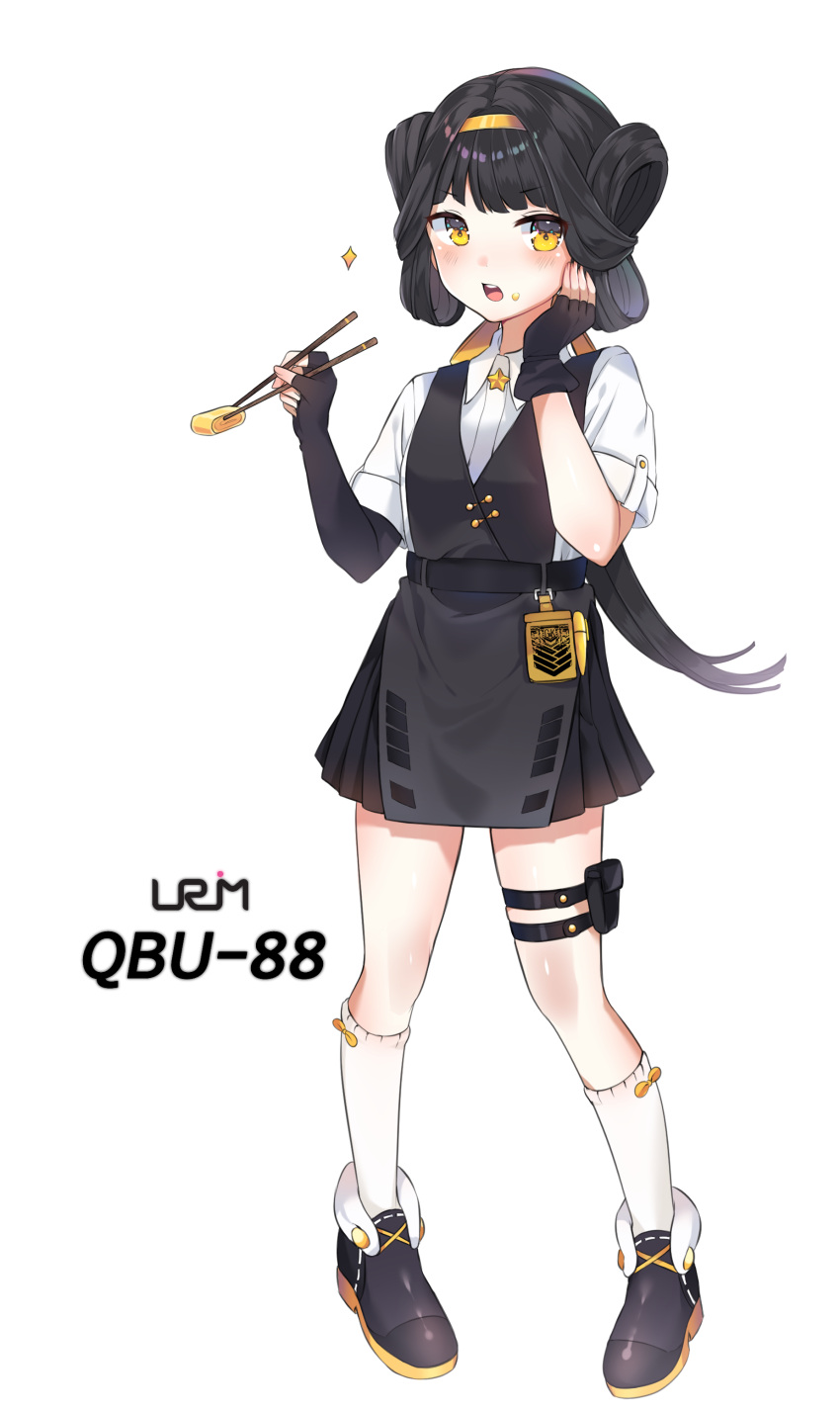 1girl absurdres belt black_hair blush character_name chopsticks fingerless_gloves food full_body girls_frontline gloves hand_on_own_face headband highres id_card looking_at_viewer open_mouth ponytail qbu-88_(girls_frontline) shirt shoes socks solo sparkle standing transparent_background urim_(paintur) yellow_eyes