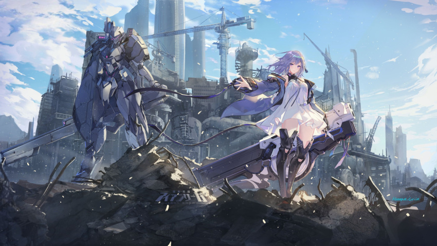 1girl bangs blue_sky boots breasts cityscape clouds criin day dress floating_hair flower full_body hair_flower hair_ornament high_heels highres holding iron_saga jacket long_hair long_sleeves looking_at_viewer mecha open_clothes outdoors outstretched_arm ruins short_dress sidelocks signature sky solo standing teresa_(iron_saga) thigh-highs violet_eyes weapon white_dress wind wind_lift