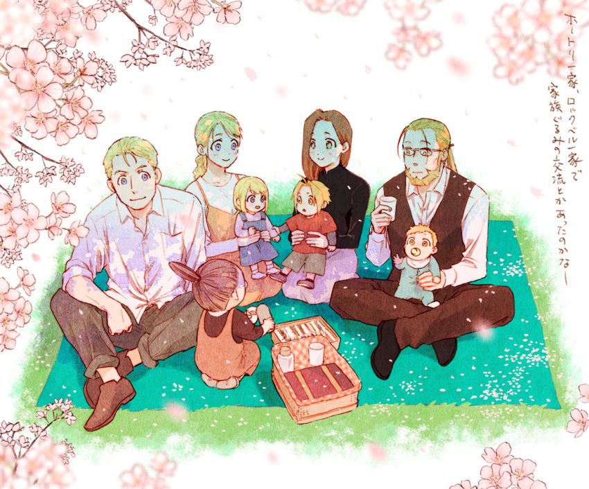 4boys 4girls alphonse_elric baby basket blanket blonde_hair blue_eyes blurry blurry_foreground branch brothers brown_hair carrying cherry_blossoms couple cup depth_of_field dress_shirt edward_elric family father_and_daughter father_and_son flower food full_body fullmetal_alchemist glass glasses grandfather_and_granddaughter grass green_eyes hanayama_(inunekokawaii) happy hetero holding holding_cup husband_and_wife legs_crossed mother_and_daughter mother_and_son multiple_boys multiple_girls outdoors petals pinako_rockbell pink_flower sandwich sara_rockbell seiza shirt siblings sitting smile translation_request tree_branch trisha_elric urey_rockbell van_hohenheim white_shirt winry_rockbell yellow_eyes younger