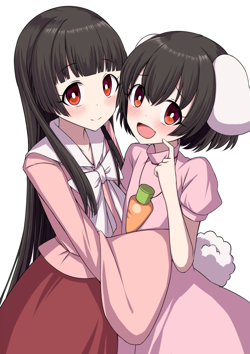2girls absurdres animal_ears bangs black_hair blouse blunt_bangs blush bob_cut bow bowtie bright_pupils bunny_tail carrot_necklace commentary_request dress eyebrows_visible_through_hair finger_to_cheek hair_between_eyes head_tilt head_to_head highres hime_cut houraisan_kaguya hug inaba_tewi long_hair looking_at_viewer multiple_girls open_mouth pink_blouse pink_dress puffy_short_sleeves puffy_sleeves rabbit_ears red_eyes red_skirt short_sleeves sidelocks simple_background skirt sleeves_past_fingers sleeves_past_wrists smile standing tail touhou tsukimirin upper_body very_long_hair white_background white_neckwear white_pupils