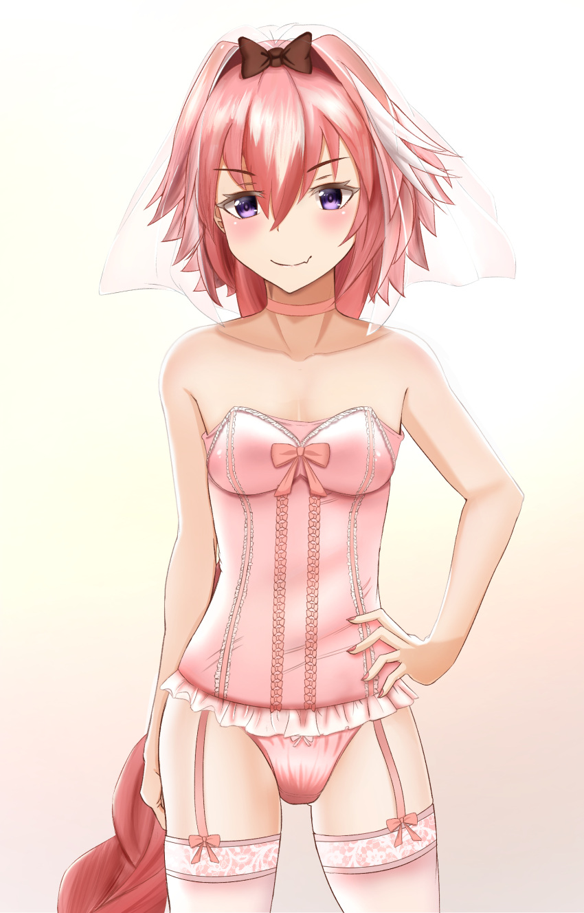 1boy absurdres astolfo_(fate) bare_arms bare_shoulders black_bow bow braid choker collarbone commentary corset cowboy_shot eyebrows_visible_through_hair fang fate/apocrypha fate/grand_order fate_(series) hair_between_eyes hair_intakes highres long_braid long_hair looking_at_viewer male_focus multicolored_hair open_mouth pink_bow pink_choker pink_hair pink_legwear polk single_braid skin_fang smile solo streaked_hair thigh-highs trap veil violet_eyes white_hair