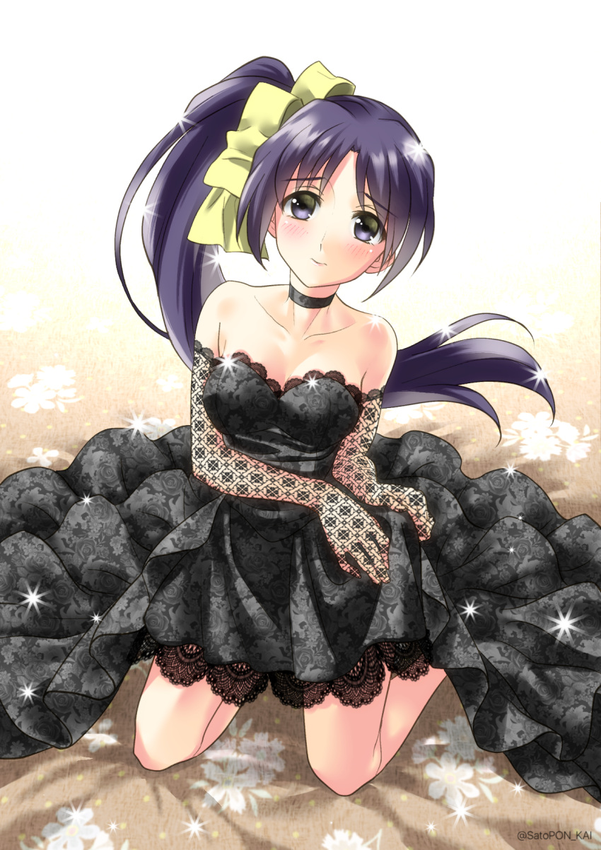 1girl black_dress black_eyes blue_hair bow breasts choker cleavage collarbone dress elbow_gloves fishnet_gloves fishnets floating_hair floral_print gloves hair_bow head_tilt highres kneeling long_hair looking_at_viewer medium_breasts original print_dress sato-pon shiny shiny_hair side_ponytail simple_background sleeveless sleeveless_dress smile solo sparkle strapless strapless_dress twitter_username very_long_hair white_background yellow_bow