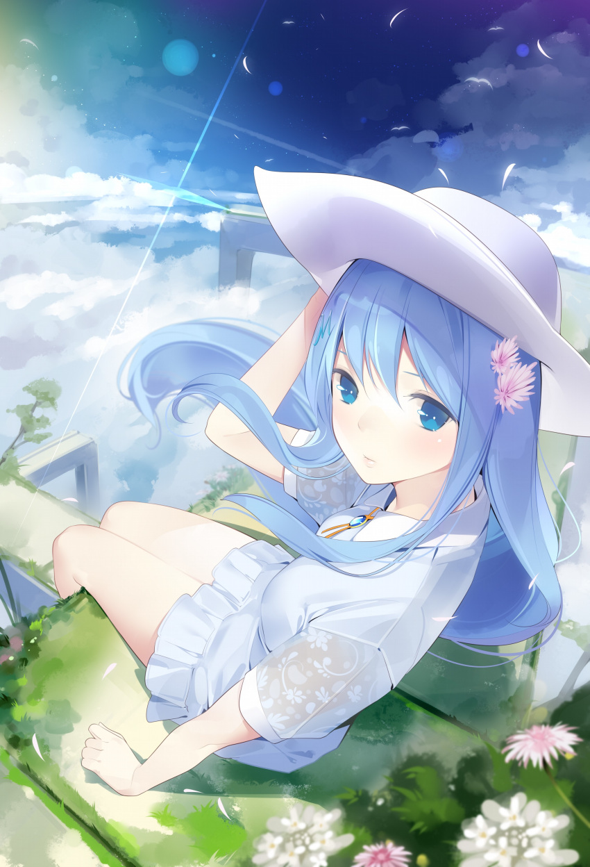 1girl absurdres ama_mitsuki bangs blue_eyes blue_hair blue_sky blush brooch closed_mouth clouds cloudy_sky day dress emori_miku emori_miku_project eyebrows_visible_through_hair flower frilled_dress frills from_above grass hair_flower hair_ornament hairclip hand_on_headwear hand_up hat highres jewelry long_hair looking_at_viewer looking_to_the_side looking_up outdoors short_sleeves sitting sky solo sun_hat very_long_hair white_dress white_headwear wind