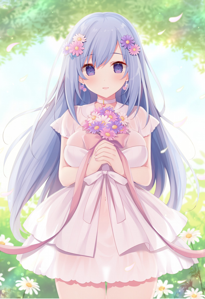 1girl absurdres blue_eyes blue_hair blush bouquet breasts choker covered_navel cowboy_shot daisy day dress earrings emori_miku emori_miku_project flower flower_earrings hair_flower hair_ornament heart heart_choker highres holding holding_bouquet jewelry large_breasts long_hair looking_at_viewer miko_92 open_mouth outdoors petals pink_ribbon ribbon see-through see-through_silhouette short_dress short_sleeves smile solo thigh_gap very_long_hair white_dress