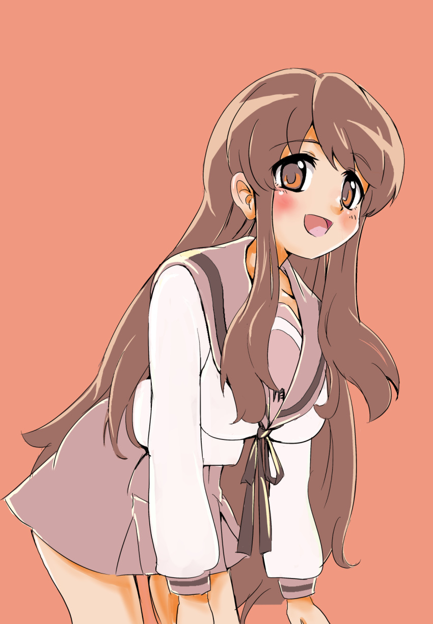 1girl asahina_mikuru blue_sailor_collar blue_skirt blush breasts brown_eyes brown_hair collarbone commentary_request cowboy_shot eyebrows_visible_through_hair highres kita_high_school_uniform leaning_forward long_hair medium_breasts open_mouth orange_background orange_theme ribbon sadarann sailor_collar school_uniform serafuku shirt sidelocks simple_background skirt solo suzumiya_haruhi_no_yuuutsu white_shirt