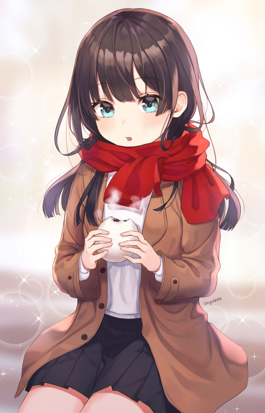1girl absurdres artist_name bangs black_hair black_skirt blue_eyes blurry blurry_background blush brown_coat buttons coat cowboy_shot enpera eyebrows_visible_through_hair food highres holding holding_food long_hair long_sleeves looking_at_viewer miniskirt open_clothes open_coat original parted_lips pleated_skirt red_scarf revision scarf shirt sidelocks sitting skirt solo soyubee steam white_shirt wing_collar winter_clothes