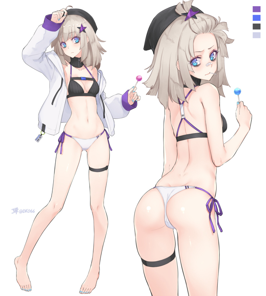 1girl aa-12_(girls_frontline) adapted_costume alternate_hairstyle arm_up ass bags_under_eyes bare_legs barefoot beret bikini blue_eyes breasts bright_pupils candy dan_(kumadan) dimples_of_venus eyebrows_visible_through_hair food full_body girls_frontline gluteal_fold hair_ornament hat highres hood hooded_jacket hoodie jacket light_brown_hair lollipop looking_at_viewer looking_back medium_hair multiple_views nail_polish navel open_clothes open_jacket side-tie_bikini simple_background small_breasts standing swimsuit thigh_strap toenail_polish white_background