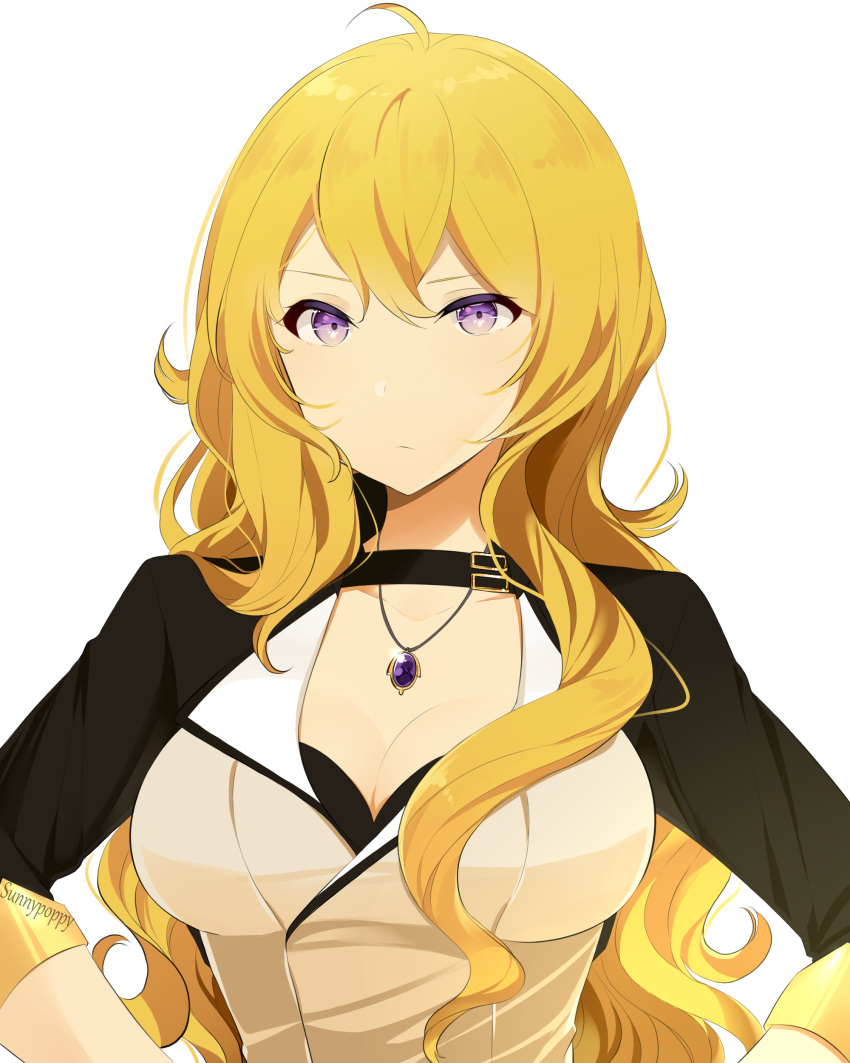1girl absurdres ahoge artist_name bangs blonde_hair breasts cleavage collarbone curly_hair frown hair_between_eyes highres jacket jewelry large_breasts long_hair long_sleeves looking_at_viewer necklace rwby simple_background solo sports_bra sunnypoppy upper_body violet_eyes wavy_hair white_background yang_xiao_long