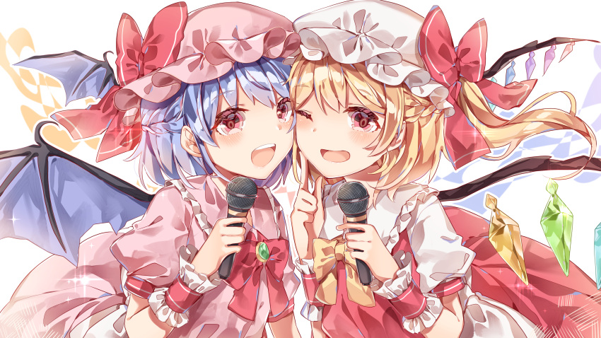 2girls :d ;d absurdres ayatsuki_sugure bangs bat_wings blonde_hair blue_hair blush bow bowtie braid brooch commentary_request crystal dress eyebrows_visible_through_hair finger_to_cheek flandre_scarlet french_braid frilled_shirt_collar frills hands_up hat hat_bow highres holding holding_microphone jewelry long_hair looking_at_viewer microphone mob_cap multiple_girls one_eye_closed one_side_up open_mouth pink_dress pink_headwear puffy_short_sleeves puffy_sleeves red_bow red_eyes red_neckwear red_skirt red_vest remilia_scarlet short_hair short_sleeves siblings sisters skirt smile sparkle touhou upper_body vest white_headwear wings wrist_cuffs yellow_bow yellow_neckwear