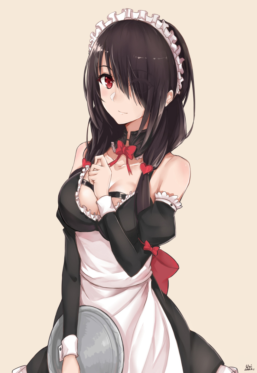 1girl absurdres apron bare_shoulders black_dress black_hair bow breasts cleavage closed_mouth commentary_request date_a_live detached_collar detached_sleeves dress hair_ornament hair_over_one_eye heart heart_hair_ornament highres holding holding_tray light_smile long_hair looking_at_viewer low_twintails maid maid_apron maid_headdress medium_breasts red_bow red_eyes smile solo tokisaki_kurumi tray twintails unique_(pixiv12704744) waist_apron