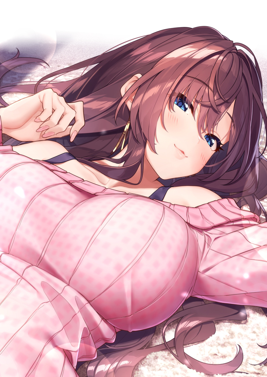 1girl absurdres ahoge baffu bangs bare_shoulders blue_eyes blush breasts brown_hair earrings highres ichinose_shiki idolmaster idolmaster_cinderella_girls jewelry large_breasts long_hair long_sleeves looking_at_viewer lying off-shoulder_sweater off_shoulder on_back parted_lips pink_sweater ribbed_sweater smile solo sweater wavy_hair