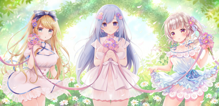 3girls :d :o absurdres bangs blonde_hair blue_bow blue_eyes blue_hair blunt_bangs blush bouquet bow breasts choker collaboration collarbone covered_navel cowboy_shot daisy day dress earrings emori_miku emori_miku_project emu_alice esaka_marine flower flower_earrings frilled_dress frills gomano_rio hair_bow hair_flower hair_ornament hair_ribbon hairband heart heart_choker highres holding holding_bouquet jewelry lace large_breasts light_brown_hair long_hair looking_at_viewer medium_breasts miko_92 multiple_girls one_side_up open_mouth outdoors petals petticoat pink_ribbon puffy_short_sleeves puffy_sleeves ribbon sakura_moyon see-through see-through_silhouette short_dress short_sleeves skirt_hold sleeveless small_breasts smile thigh_gap very_long_hair violet_eyes white_dress white_ribbon